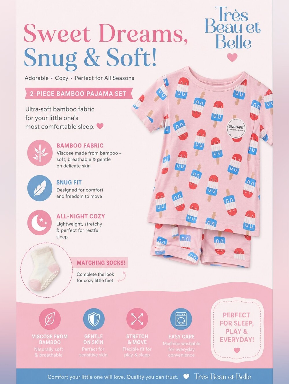 Très Beau et Belle Pink Popsicle Bamboo Kids Pajama Set
